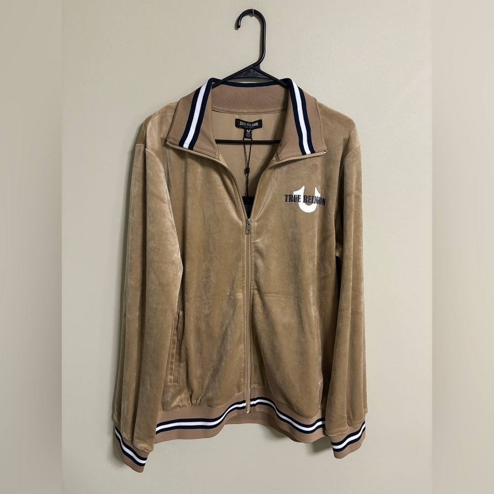 True Religion Tour Jacket Men's Size Medium Track Velour Travertine Full Zip New
